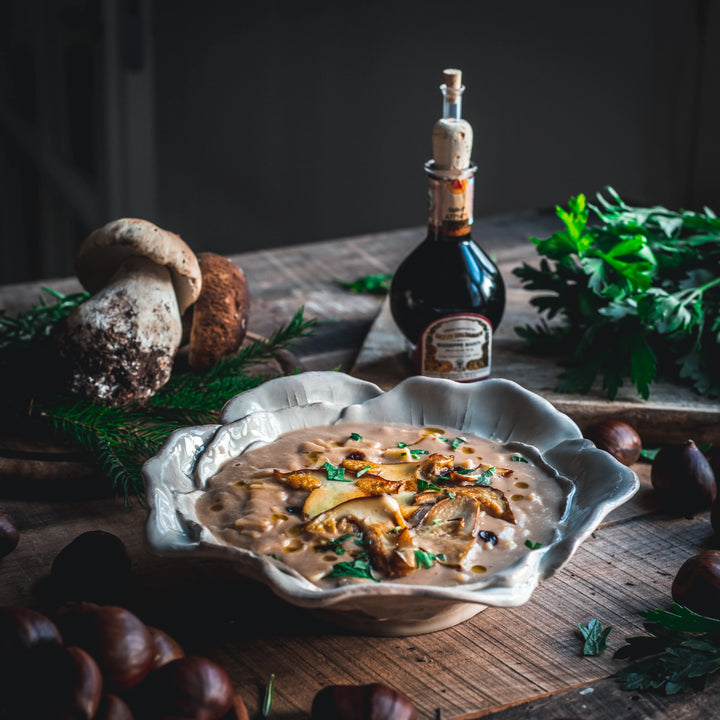 Chestnut Purée with Quadrucci Pasta, Porcini Mushrooms, and Balsamico drops