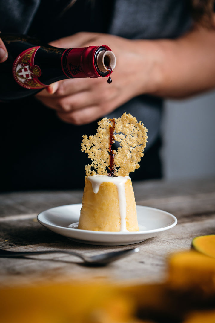 Pumpkin flan with Taleggio fondue and Parmigiano wafer